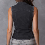 Gilet en jean vintage à glissière devant et ourlet effiloché