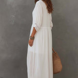 Robe chemise mi-longue vintage en coton et lin avec dentelle