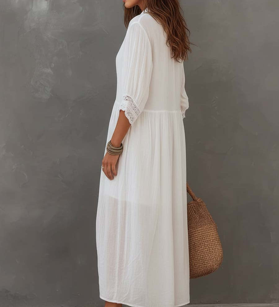 Robe chemise mi-longue vintage en coton et lin avec dentelle