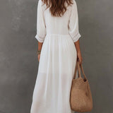 Robe chemise mi-longue vintage en coton et lin avec dentelle