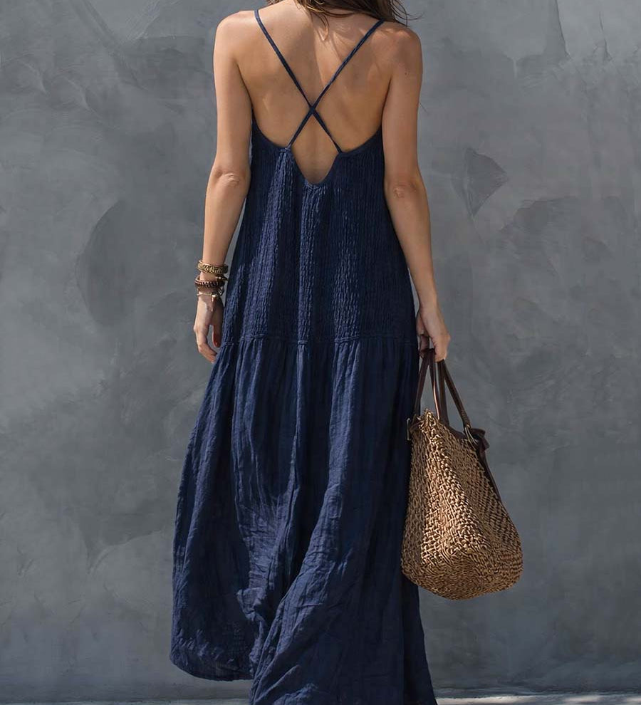 Robe longue bohème en patchwork de coton et lin