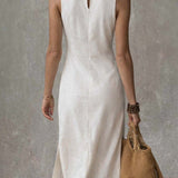 Robe midi en coton et lin à col montant et ourlet fendu
