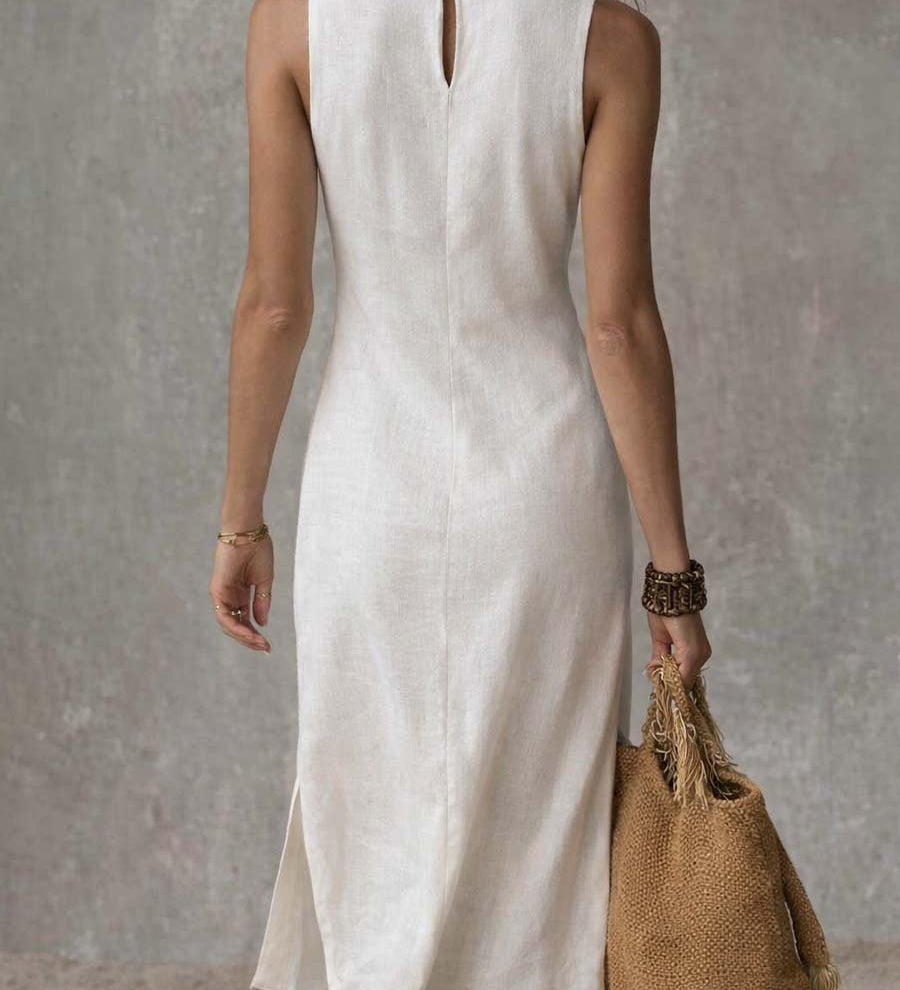 Robe midi en coton et lin à col montant et ourlet fendu