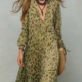 Robe Bohème Longue en Chiffon Imprimé Léopard Vert Olive à Manches Longues