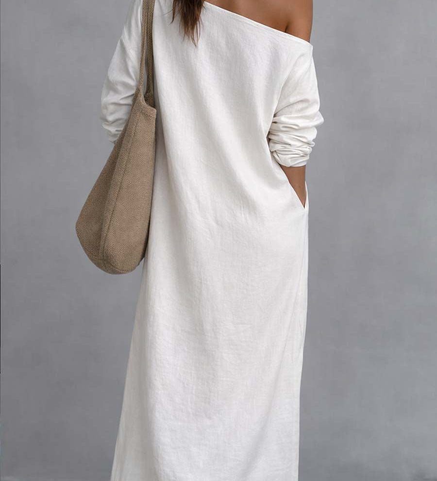 Robe midi ample asymétrique en coton et lin avec ourlet fendu