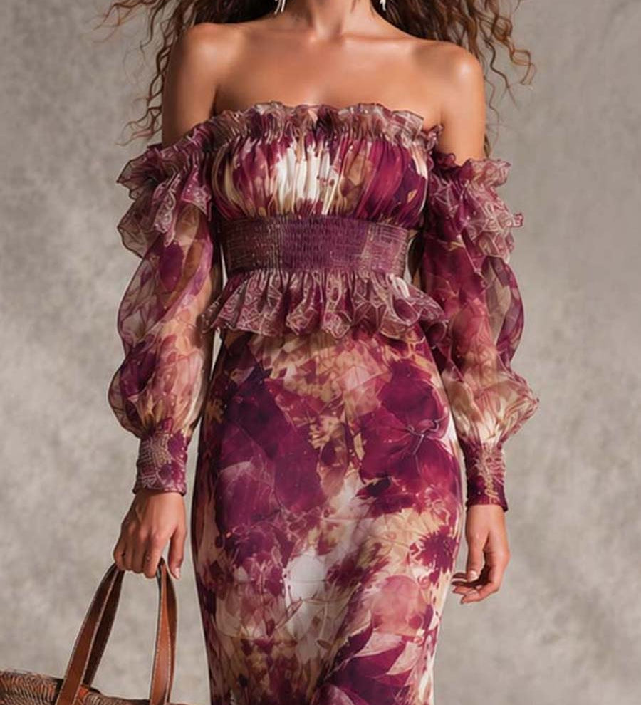 Robe longue en mousseline rose fleurie à épaules dénudées
