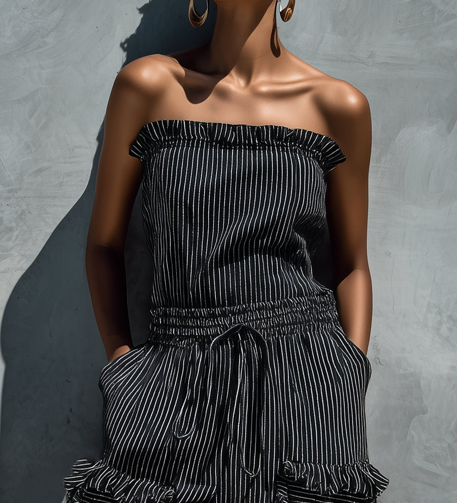Combinaison bustier à rayures noir et blanc avec volants