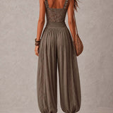 Ensemble bandeau en dentelle grise et pantalon sarouel plissé en coton