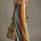 Robe longue bohème à rayures et blocs de couleur, à fines bretelles