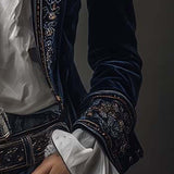 Veste longue brodée en velours polyester bleu marine vintage