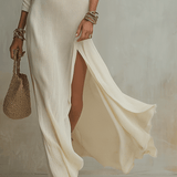 Robe longue bohème texturée à une épaule en ivoire doux