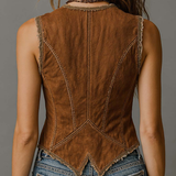 Gilet en Jean Délavé Caramel avec Surpiqûres Boutons en Laiton