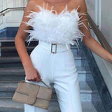 Combinaison moulante sexy sans manches à épaules dénudées avec plumes