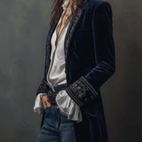 Veste longue brodée en velours polyester bleu marine vintage