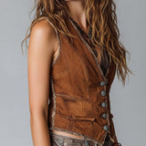 Gilet en Jean Délavé Caramel avec Surpiqûres Boutons en Laiton