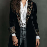 Blazer intemporel de luxe vintage en velours noir avec revers à imprimé baroque