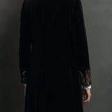 Blazer intemporel de luxe vintage en velours noir avec revers à imprimé baroque