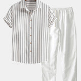 Chemise boutonnée à rayures en mélange de coton et pantalon droit en lin