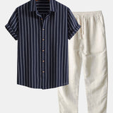 Chemise boutonnée à rayures en mélange de coton et pantalon droit en lin
