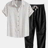 Chemise boutonnée à rayures en mélange de coton et pantalon droit en lin