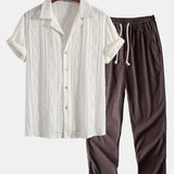 Chemise cubaine en jacquard géométrique et pantalon droit en lin