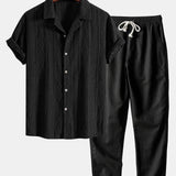 Chemise cubaine en jacquard géométrique et pantalon droit en lin