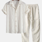 Chemise cubaine en jacquard géométrique et pantalon droit en lin
