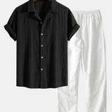 Chemise cubaine en jacquard géométrique et pantalon droit en lin