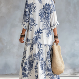 Robe longue bohème boutonnée à fleurs bleues