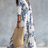 Robe longue bohème boutonnée à fleurs bleues
