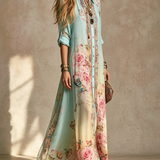 Robe longue en mousseline vert menthe imprimé floral style baroque