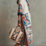 Robe mi-longue Kaftan style bohème à motif cachemire floral bleu ivoire