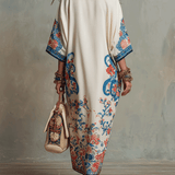 Robe mi-longue Kaftan style bohème à motif cachemire floral bleu ivoire