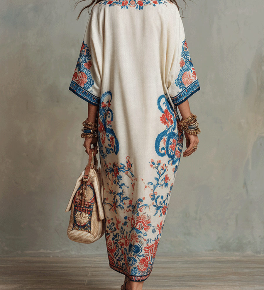 Robe mi-longue Kaftan style bohème à motif cachemire floral bleu ivoire