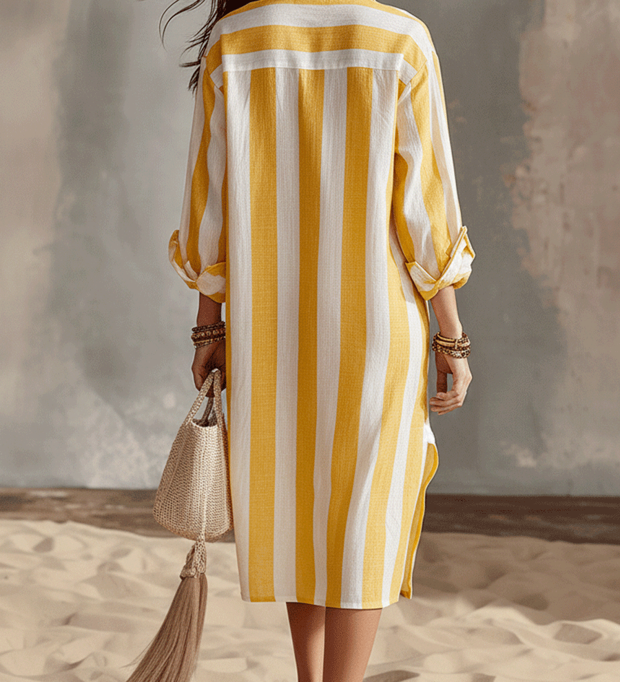 Robe midi décontractée rayée jaune et blanche, esprit vacances