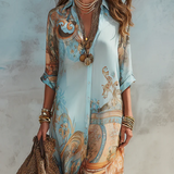 Robe longue en mousseline bleue à fleurs style baroque