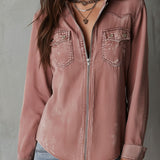 Chemise en jean délavé rose fané style western avec fermeture éclair