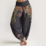 Pantalon sarouel à motif pivoines rouges
