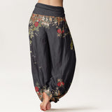 Pantalon sarouel à motif pivoines rouges
