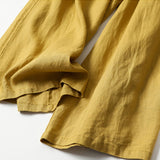 Pantalon large taille haute en coton et lin couleur unie avec poches Buddha Stones