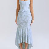 Robe longue fleurie bleu campanule