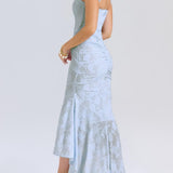 Robe longue fleurie bleu campanule