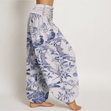 Pantalon harem motifs oiseaux et fleurs