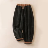 Pantalon harem thermique pour femme en coton côtelé avec doublure en polaire, poches et contraste de couleurs Buddha Stones