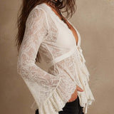 Haut cache-cœur peplum vintage bohème en dentelle à manches évasées