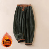 Pantalon harem thermique pour femme en coton côtelé avec doublure en polaire, poches et contraste de couleurs Buddha Stones
