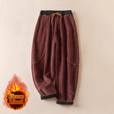 Pantalon harem thermique pour femme en coton côtelé avec doublure en polaire, poches et contraste de couleurs Buddha Stones