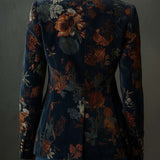 Blazer en velours de polyester à imprimé floral vintage et boutons métalliques