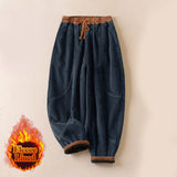 Pantalon harem thermique pour femme en coton côtelé avec doublure en polaire, poches et contraste de couleurs Buddha Stones