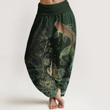 Pantalon à taille élastique motif lotus et carpes koï